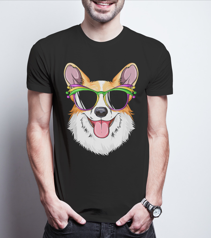 Mardi Gras Corgi With Carnival Mask And Glasses T-Shirt
