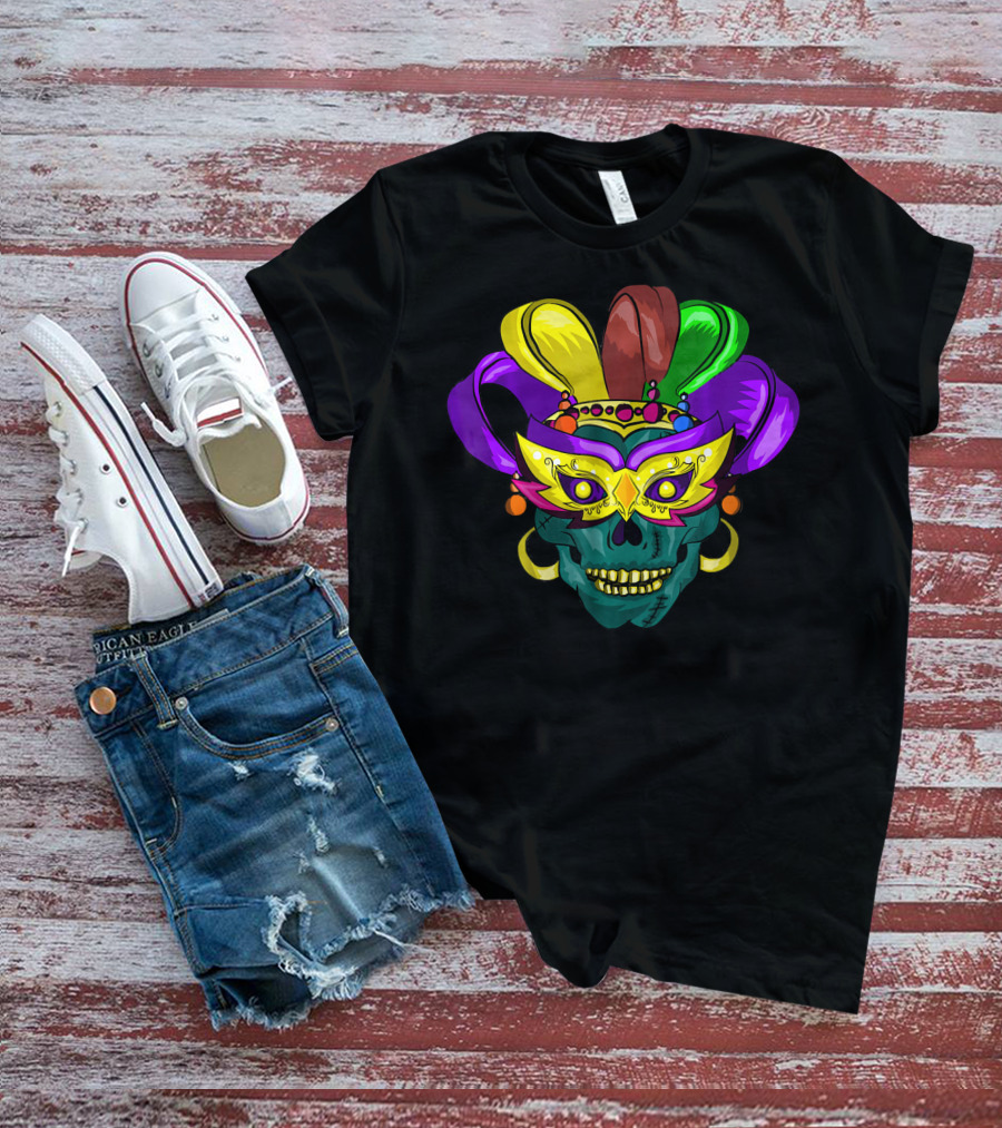 Mardi Gras Sugar Skull Colorful Mask Feather Parade Costume T-Shirt