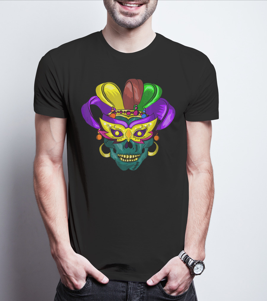 Mardi Gras Sugar Skull Colorful Mask Feather Parade Costume T-Shirt
