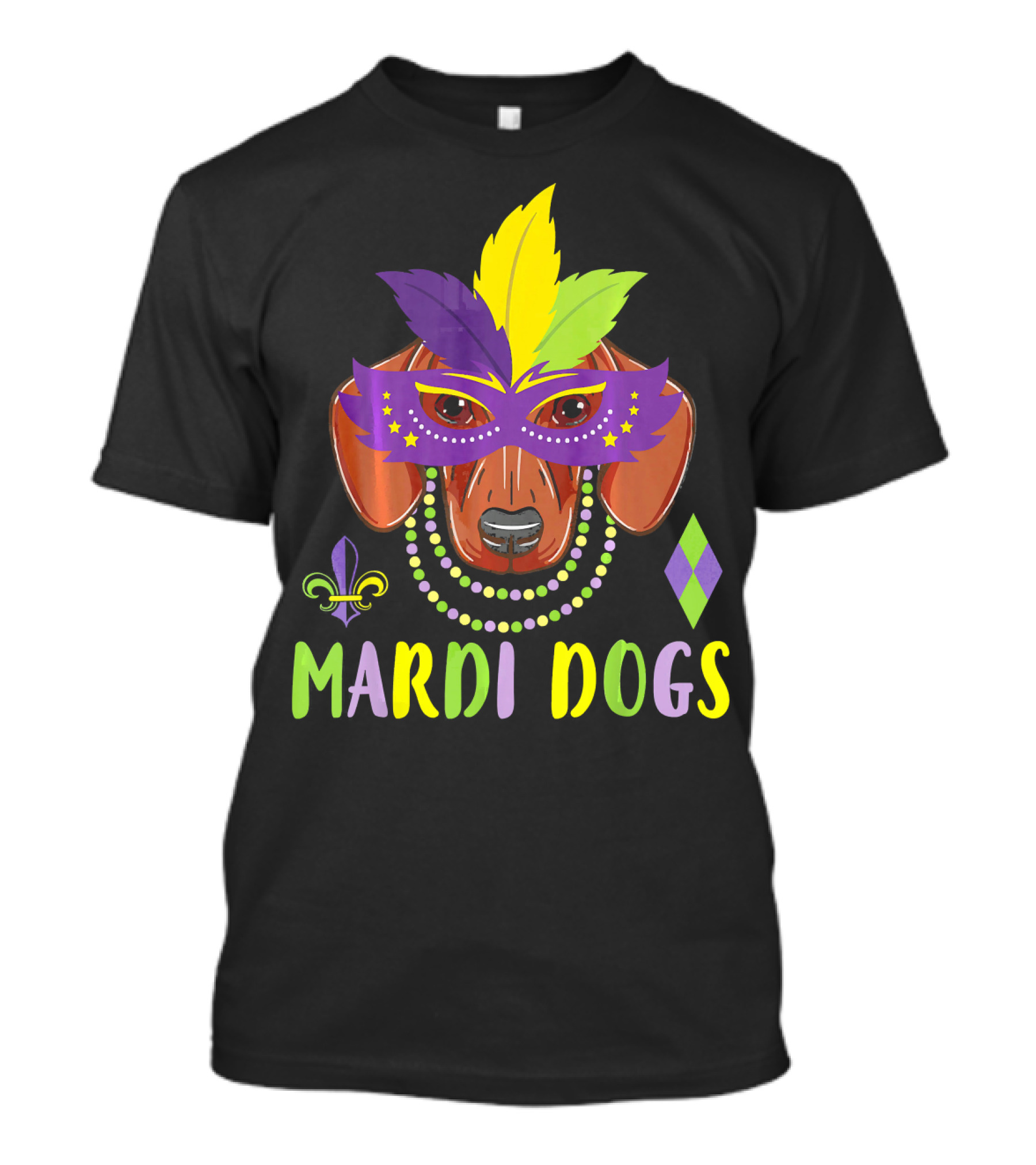 Mardi Dogs Dachshund Mask Beads Fleur-de-Lis Feathers T-Shirt