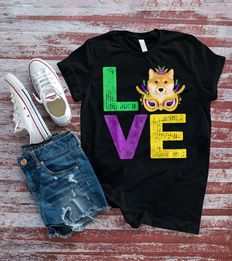 Love Shiba Inu Dog Mardi Gras Funny Dog Dad T-Shirt