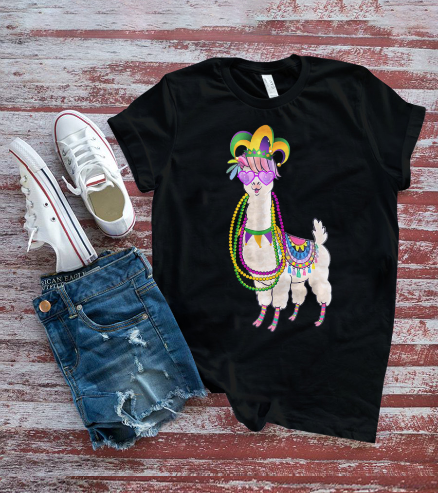 Mardi Gras Beads Masked Llama With Jester Hat T-Shirt