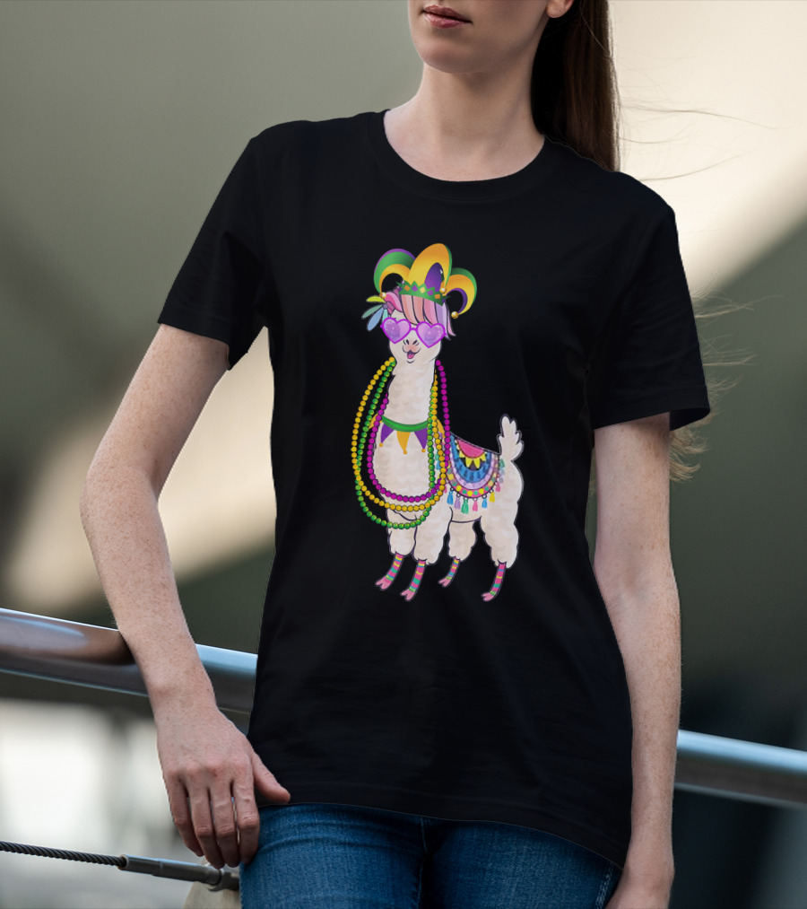 Mardi Gras Beads Masked Llama With Jester Hat T-Shirt