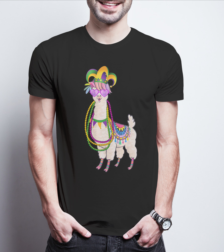Mardi Gras Beads Masked Llama With Jester Hat T-Shirt
