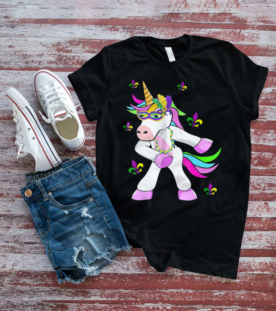 Mardi Gras Flossing Unicorn Fleur De Lis Mask Feathers Beads T-Shirt