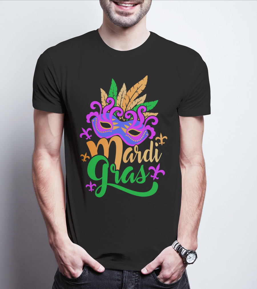 Mardi Gras Mask With Feathers And Fleur-de-Lis T-Shirt