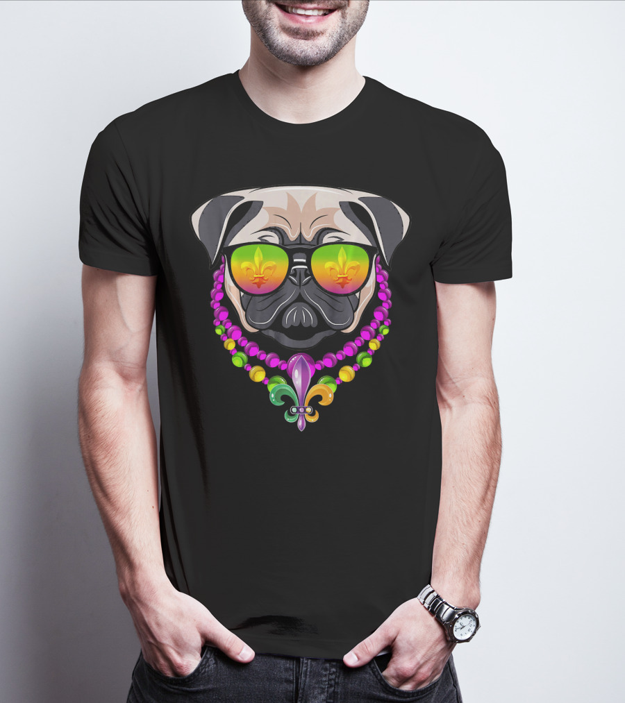 Mardi Gras Pug With Beads And Fleur-de-Lis Sunglasses T-Shirt