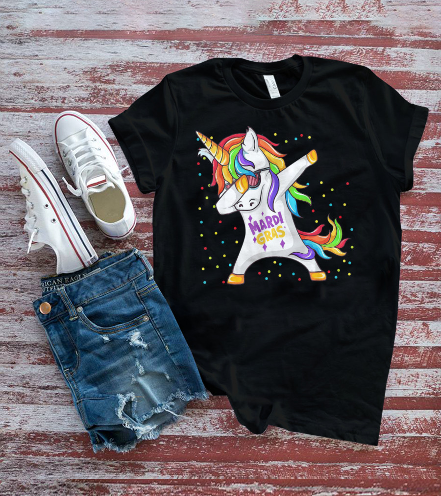 Mardi Gras Rainbow Unicorn Dabbing T-Shirt