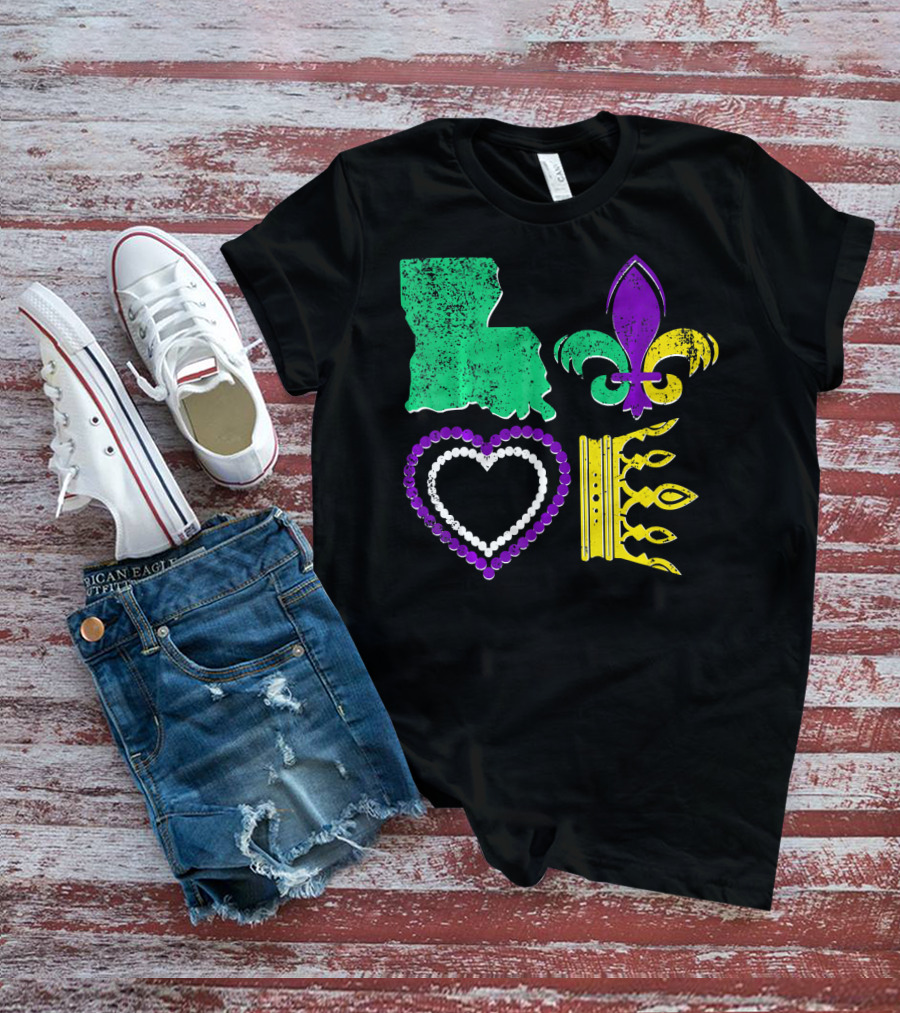 Louisiana Love Mardi Gras Fleur-de-Lis Beads Crown T-Shirt