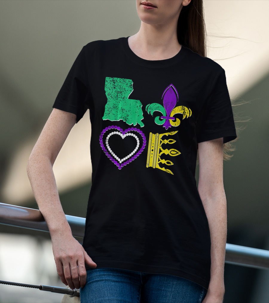 Louisiana Love Mardi Gras Fleur-de-Lis Beads Crown T-Shirt