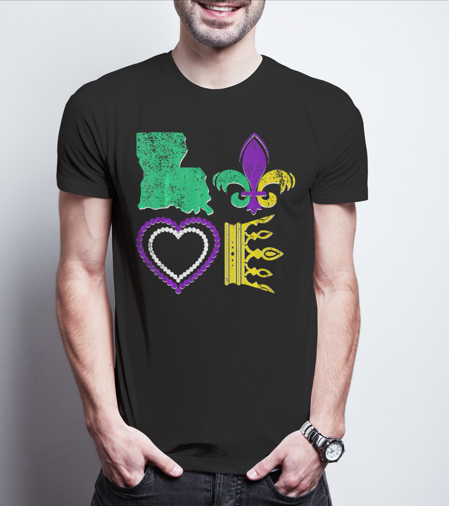 Louisiana Love Mardi Gras Fleur-de-Lis Beads Crown T-Shirt