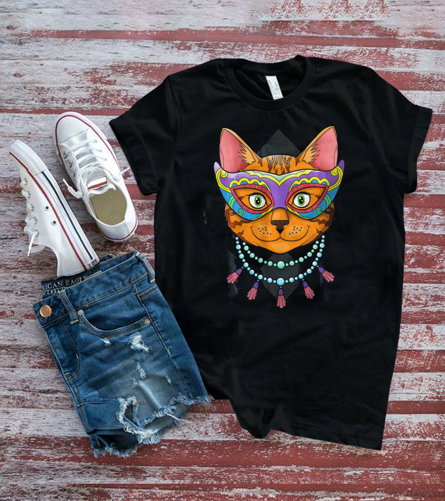 Mardi Gras Cat Mask With Beads And Feathers T-Shirt