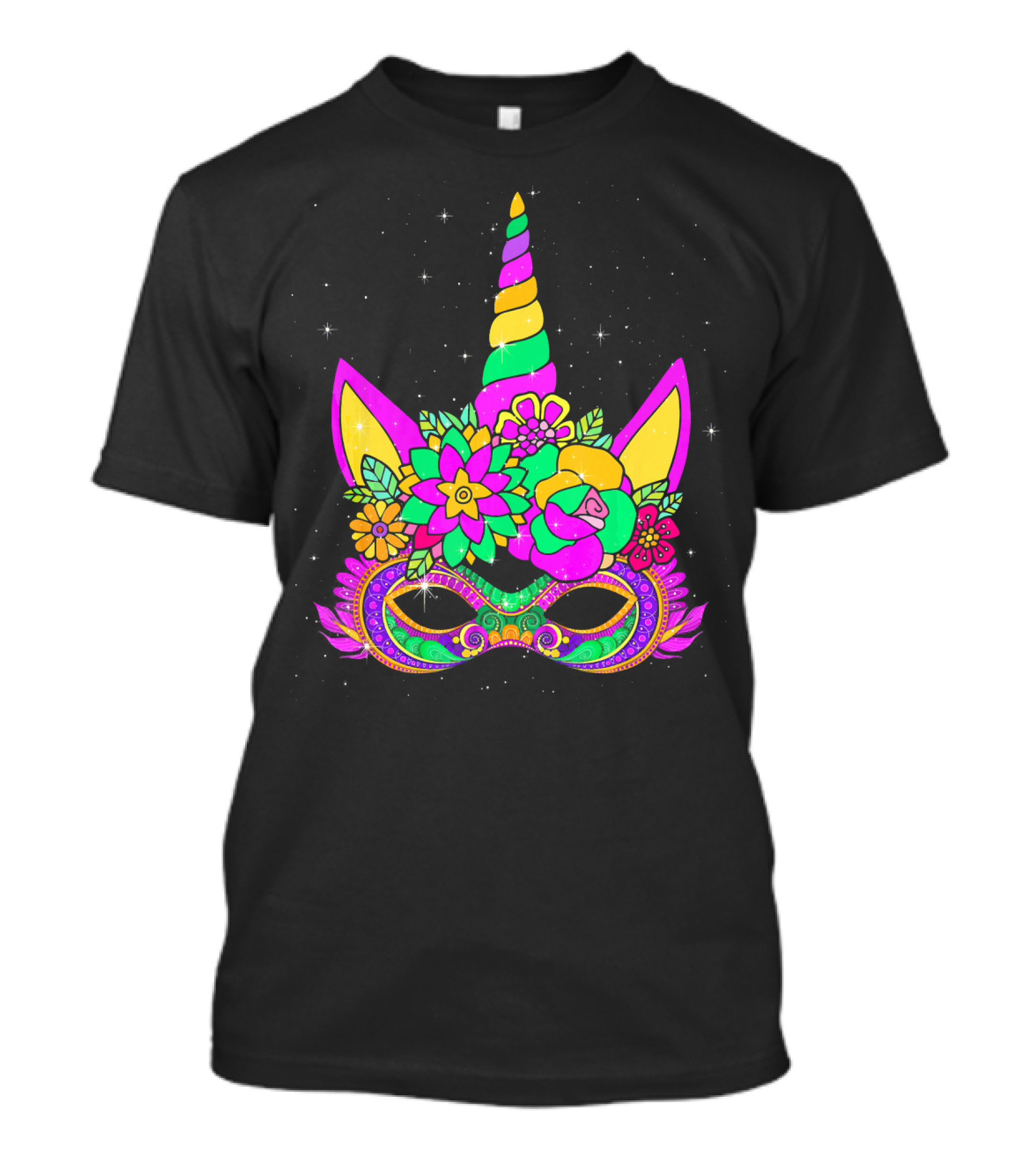 Mardi Gras Unicorn Floral Mask With Colorful Decorations T-Shirt