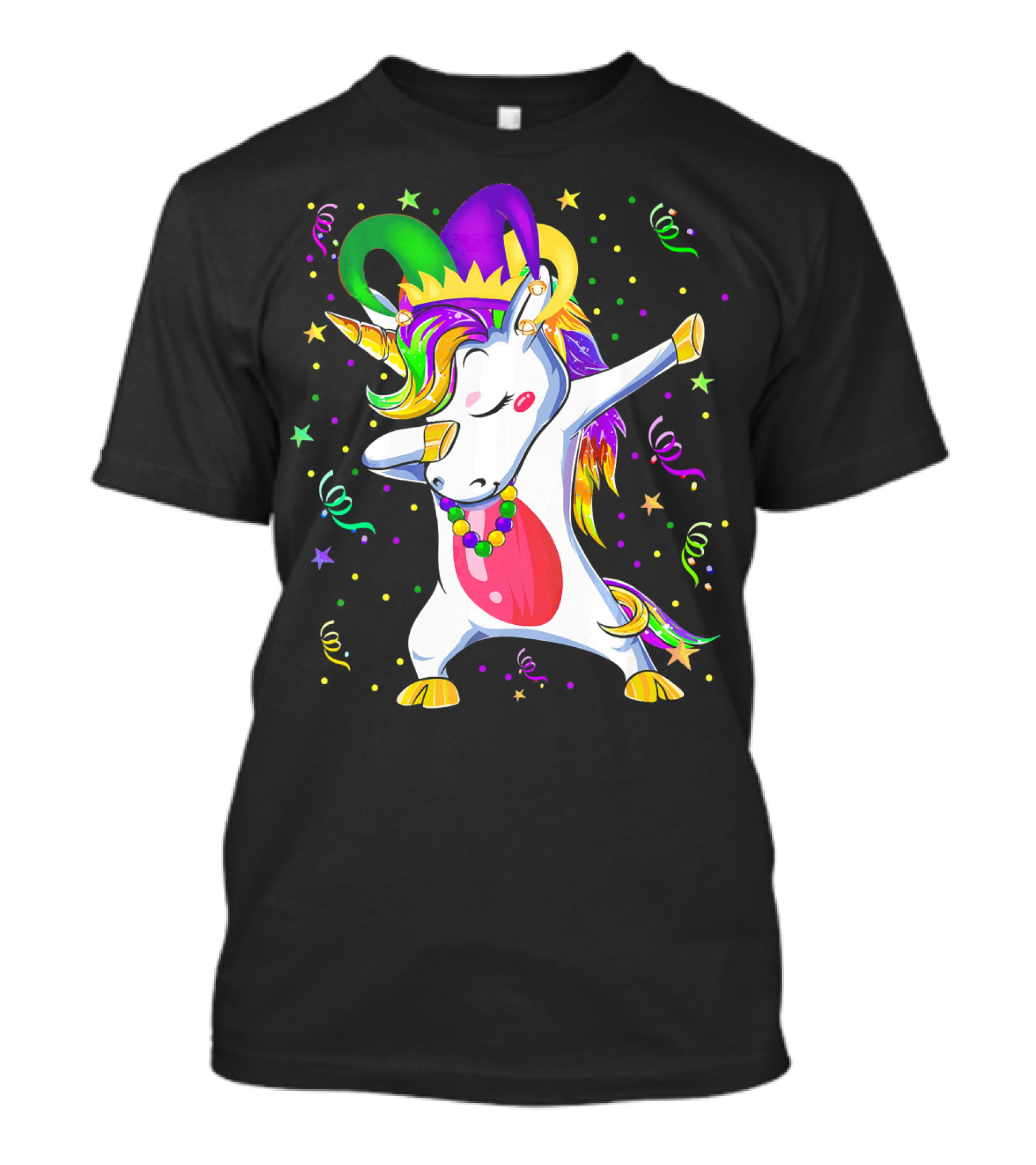 Mardi Gras Unicorn Dabbing Celebration With Beads And Jester Hat T-Shirt