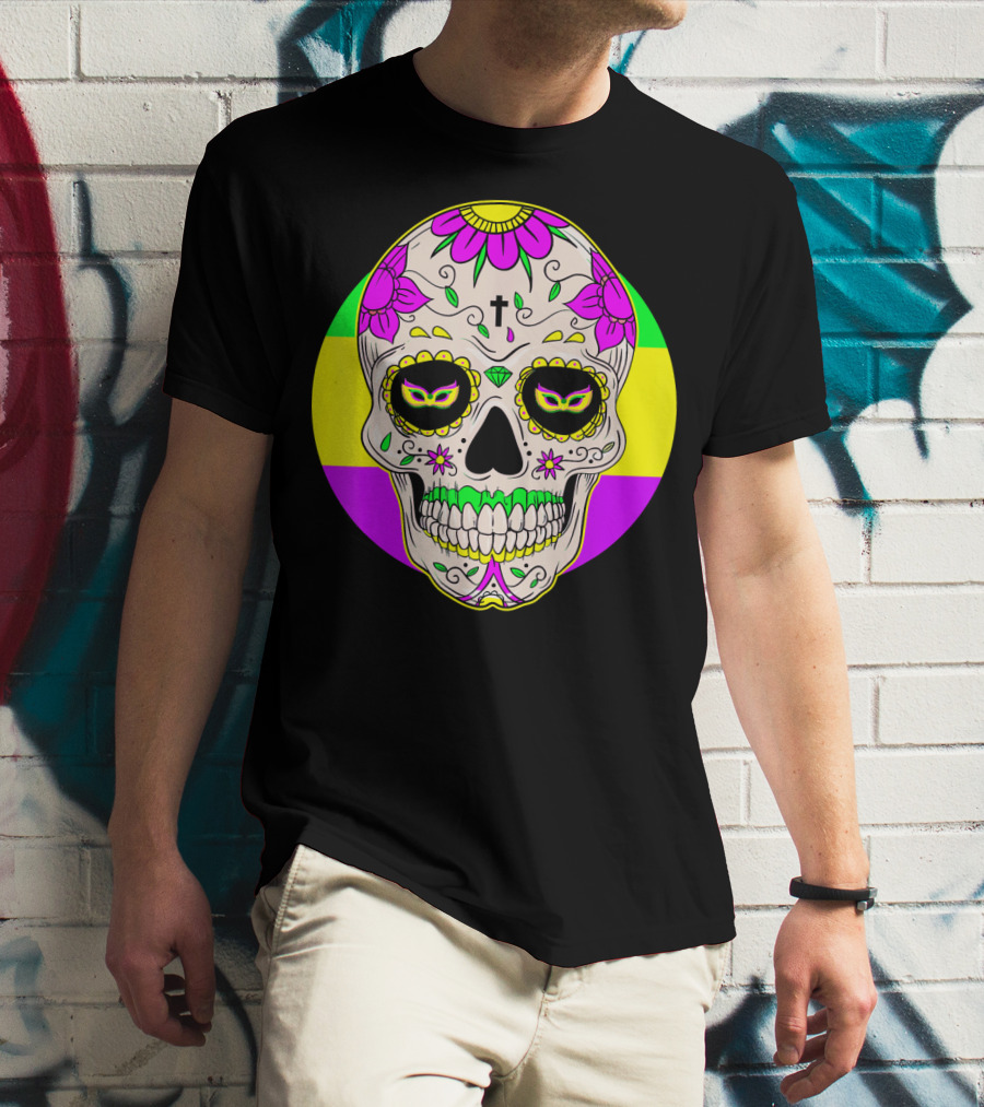 Mardi Gras Sugar Skull With Jester Hat And Mask Elements T-Shirt