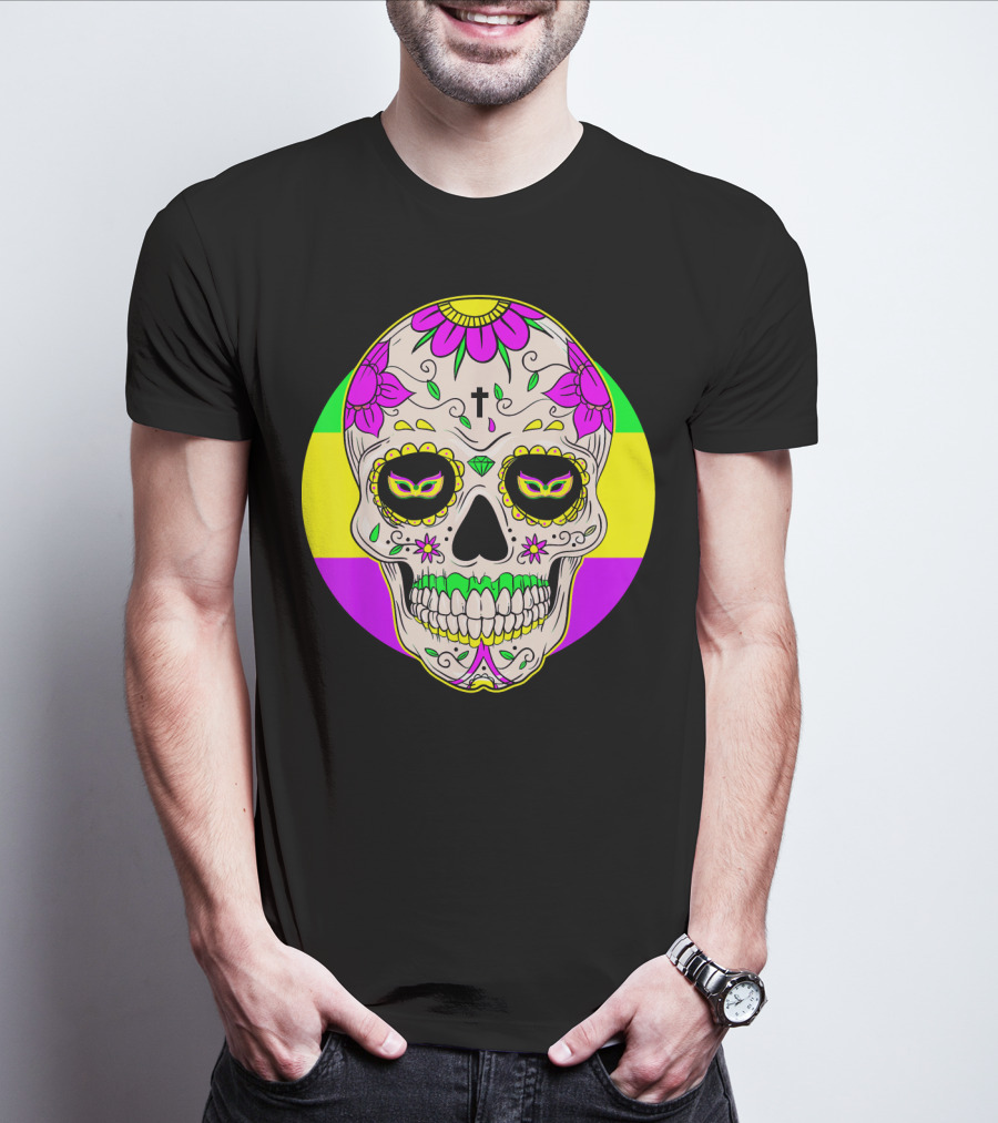 Mardi Gras Sugar Skull With Jester Hat And Mask Elements T-Shirt