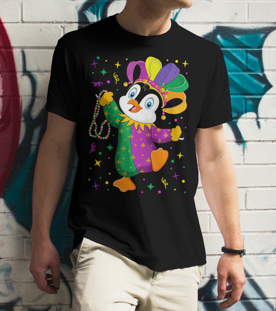 Cute Penguin Jester With Mardi Gras Colors And Beads T-Shirt