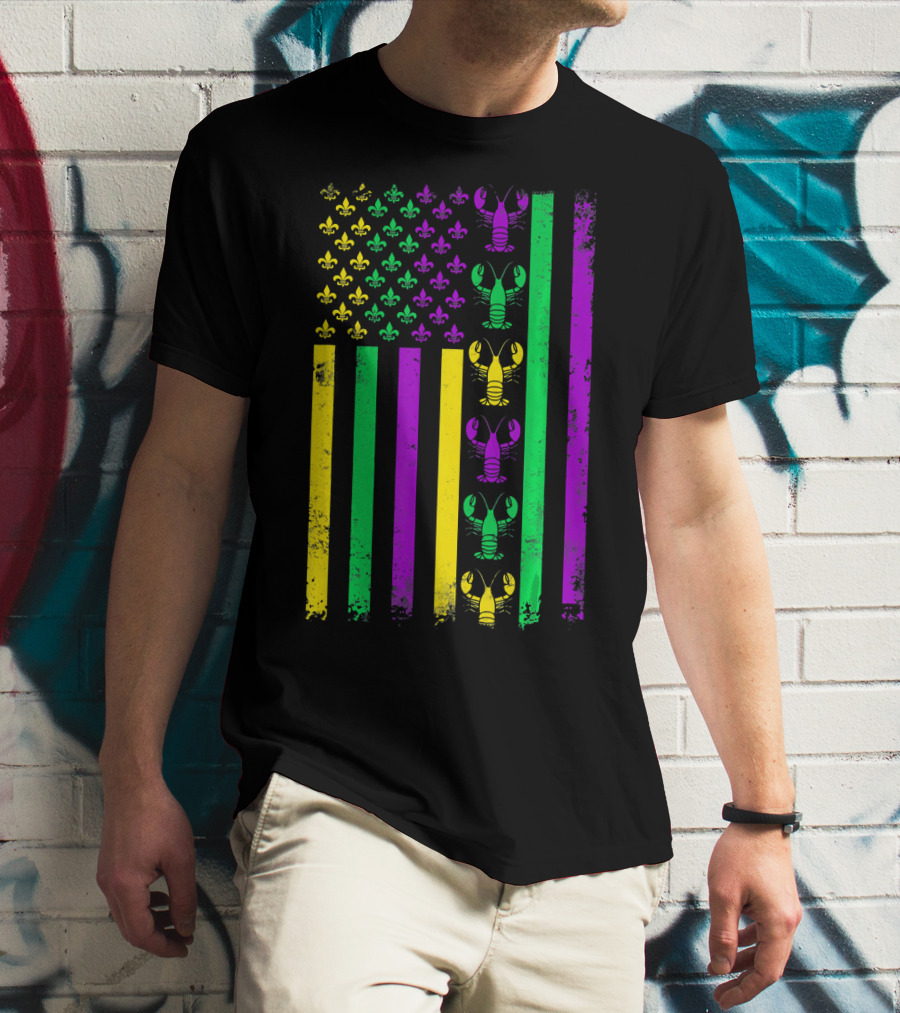 American Flag Mardi Gras Crawfish Fleur-de-Lis T-Shirt