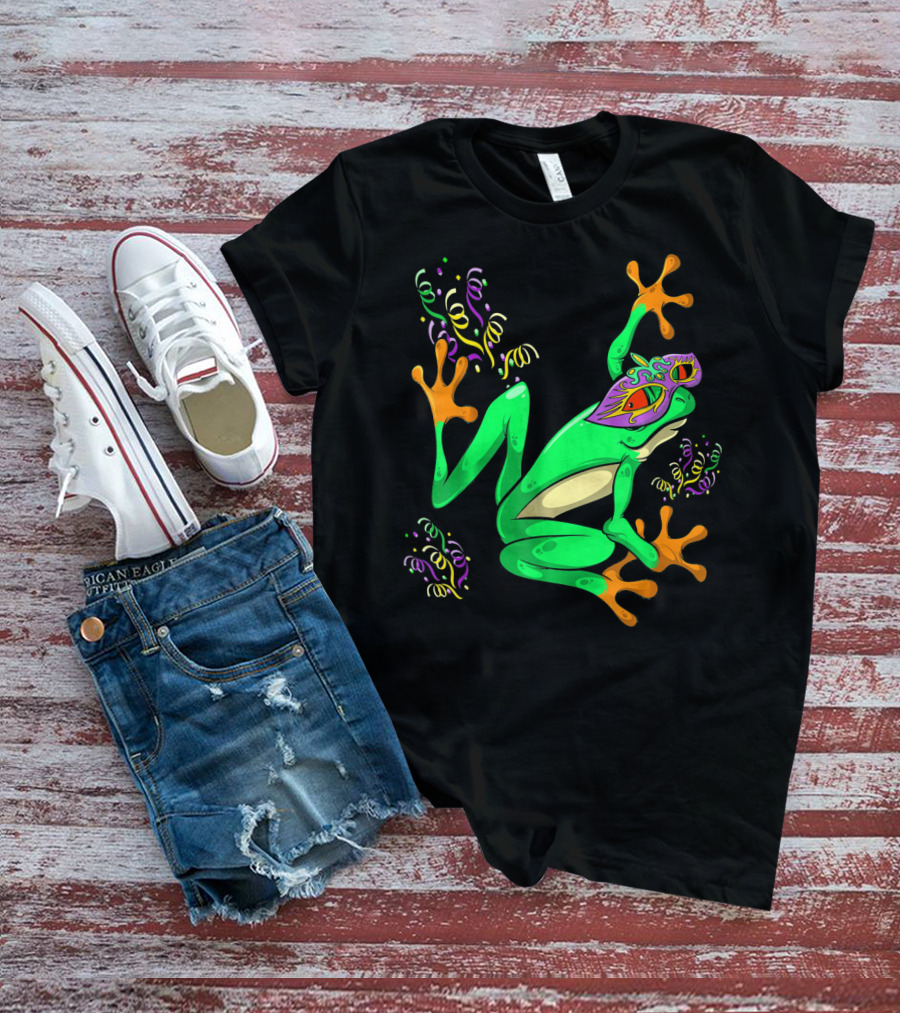 Frog In Mardi Gras Mask With Party Streamers T-Shirt