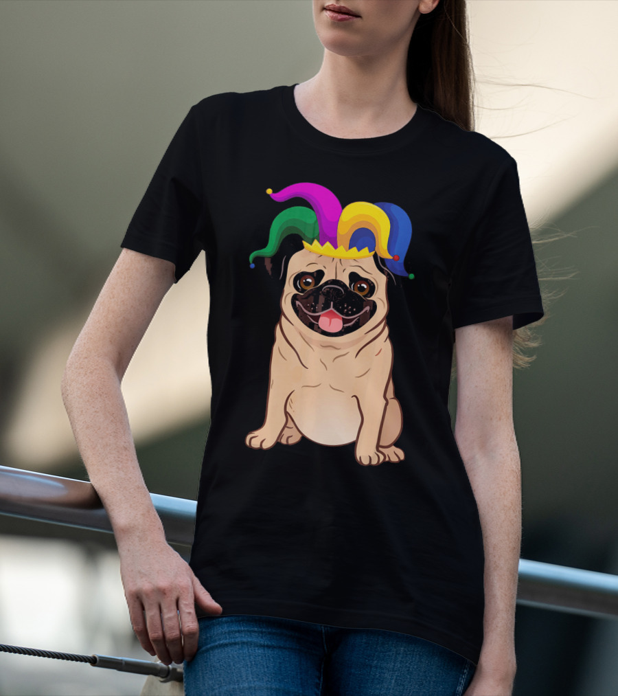 Pug Dog Wearing Colorful Jester Hat For Mardi Gras T-Shirt