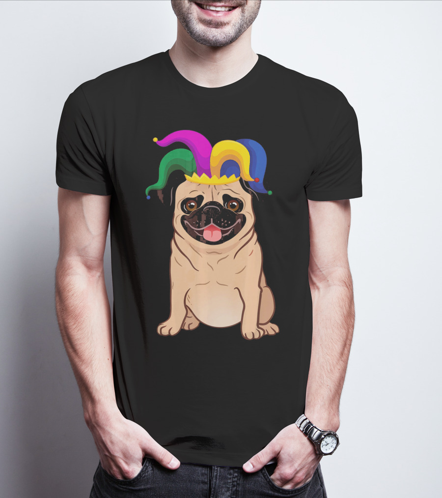 Pug Dog Wearing Colorful Jester Hat For Mardi Gras T-Shirt