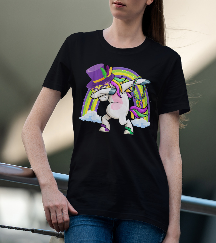 Mardi Gras Dabbing Unicorn Masked With Beads And Hat T-Shirt