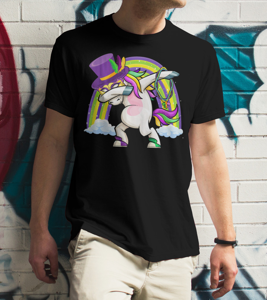Mardi Gras Dabbing Unicorn Masked With Beads And Hat T-Shirt