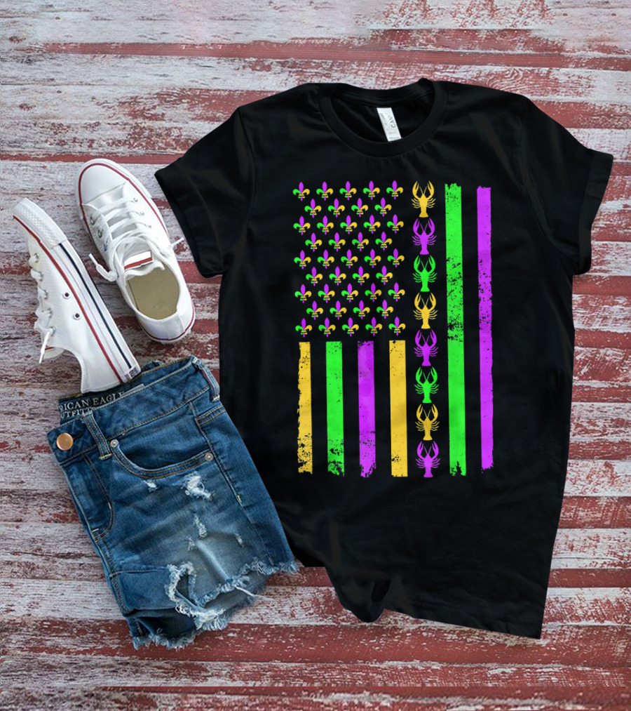 American Flag Fleur De Lis Crawfish Mardi Gras Colors T-Shirt