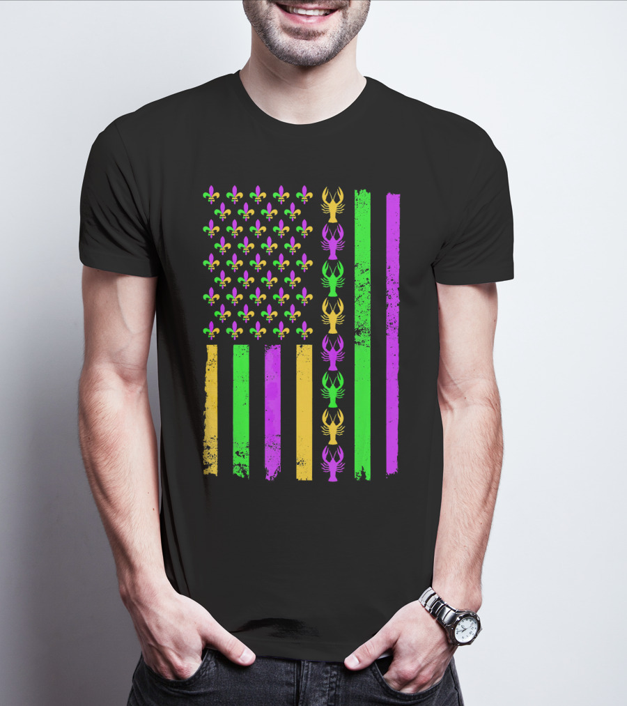 American Flag Fleur De Lis Crawfish Mardi Gras Colors T-Shirt