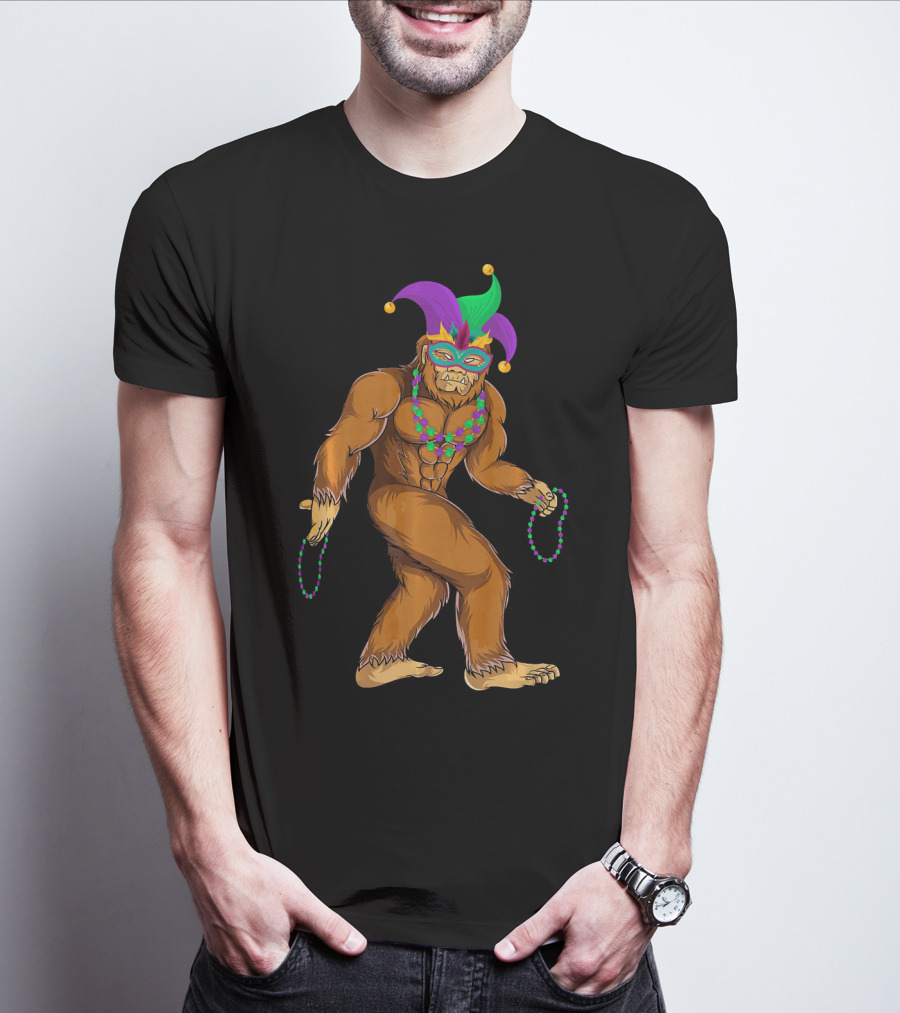 Mardi Gras Bigfoot Wearing Jester Hat Mask And Beads T-Shirt