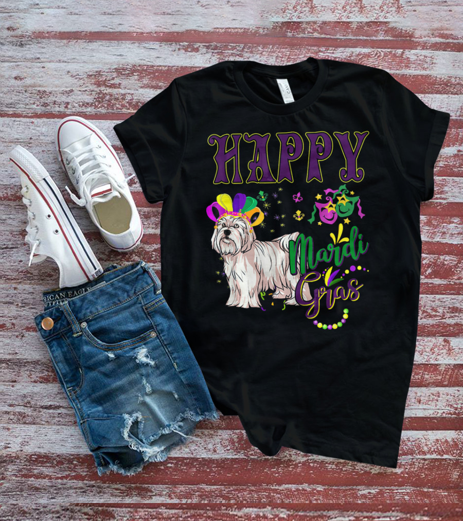 Happy Mardi Gras Maltese With Colorful Masks And Beads T-Shirt