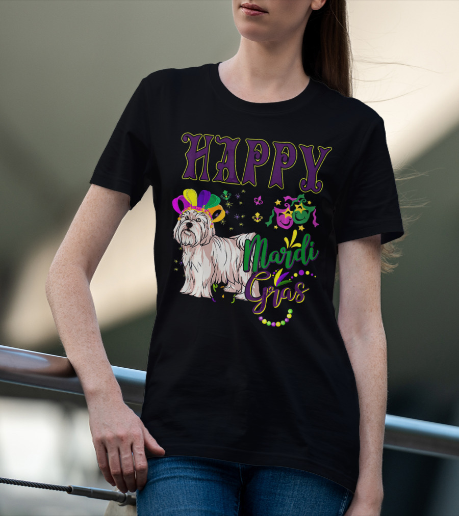 Happy Mardi Gras Maltese With Colorful Masks And Beads T-Shirt
