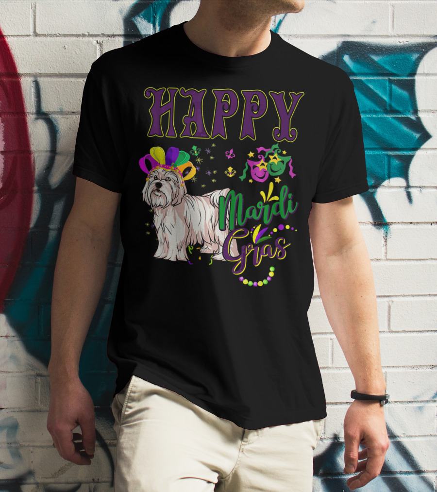 Happy Mardi Gras Maltese With Colorful Masks And Beads T-Shirt