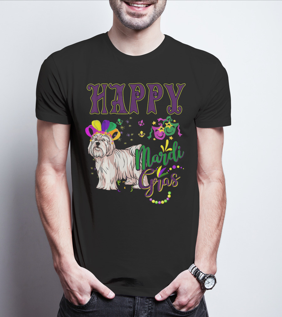 Happy Mardi Gras Maltese With Colorful Masks And Beads T-Shirt