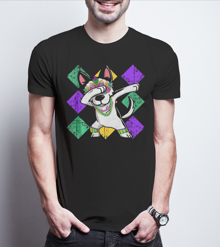 Funny Husky Dabbing In Colorful Mardi Gras Mask With Beads And Festive Diamonds T-Shirt