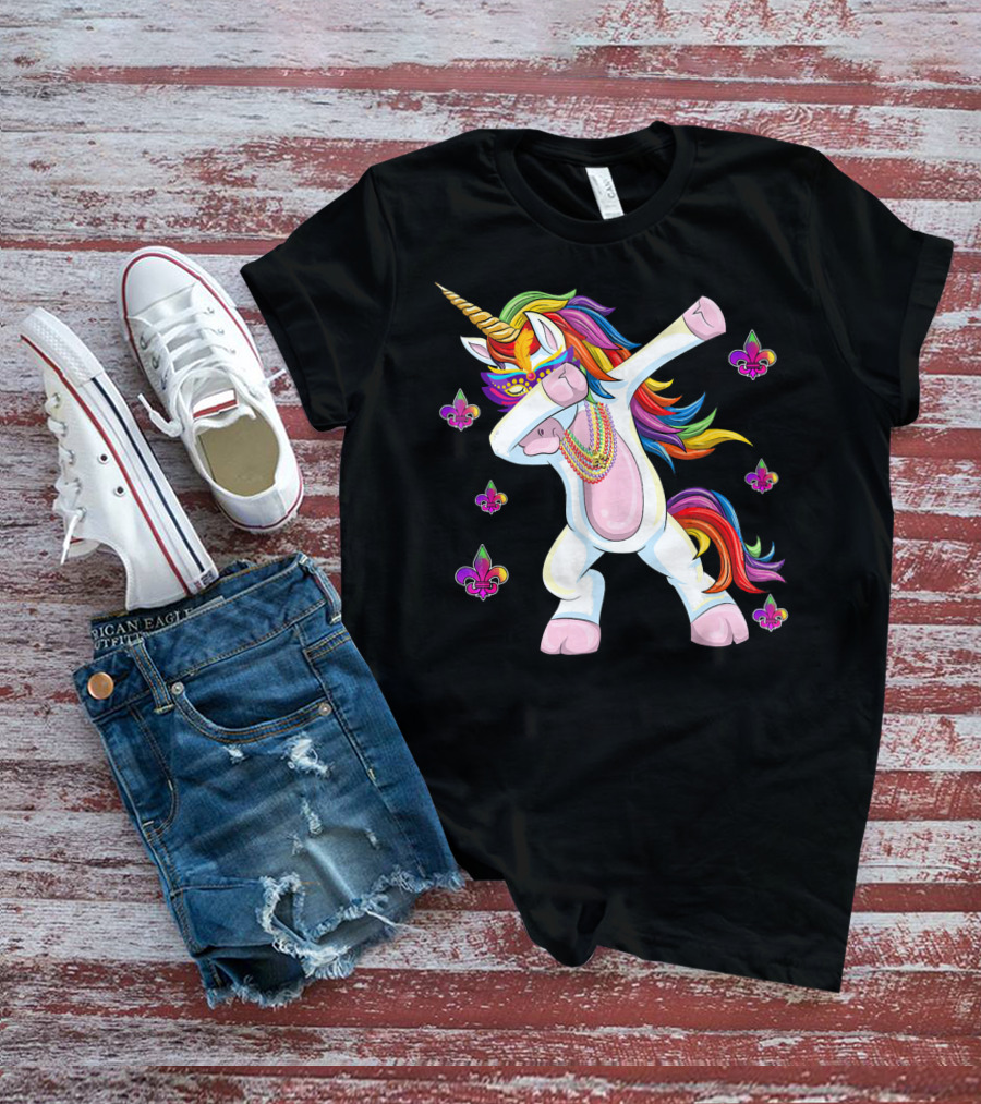 Mardi Gras New Orleans Unicorn Dabbing Fleur-de-Lis Beads T-Shirt