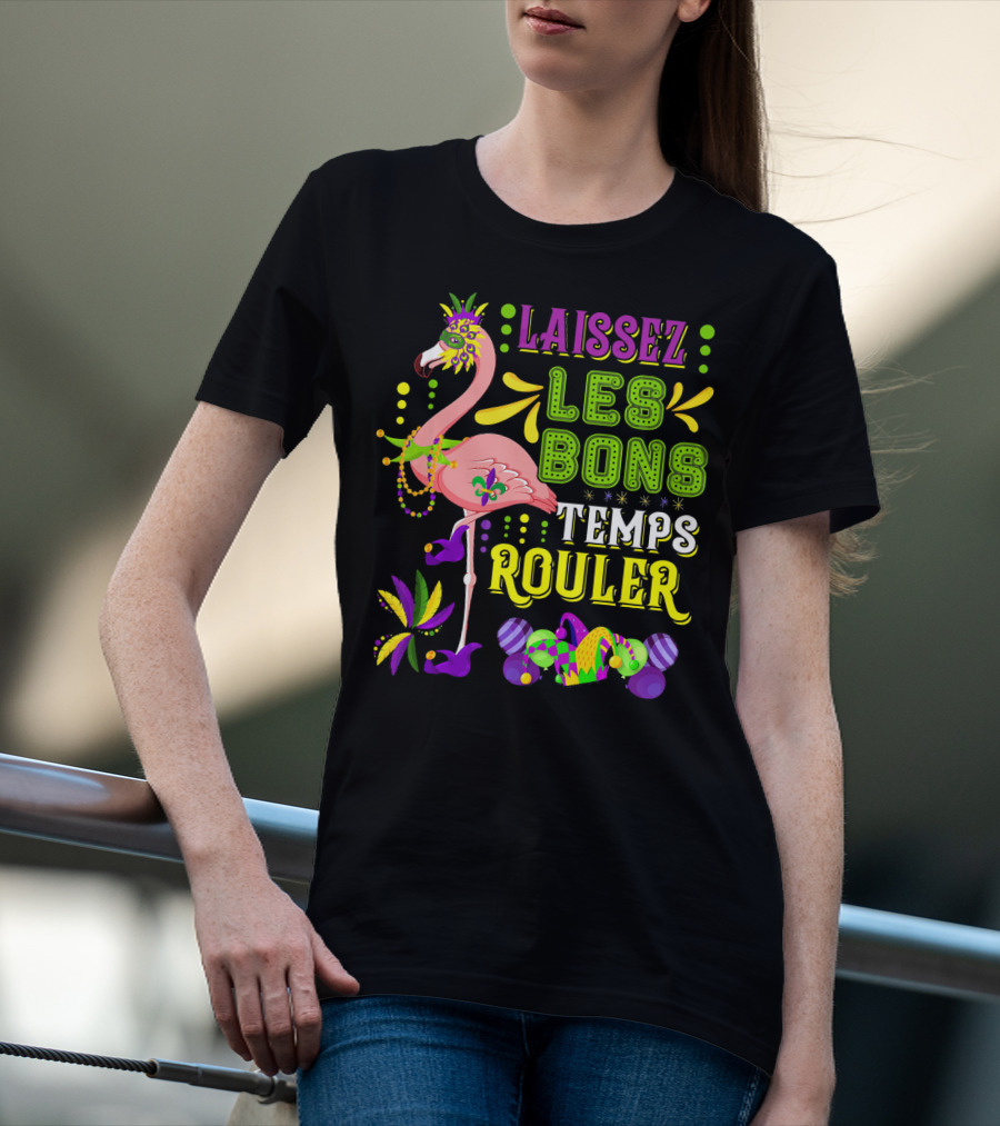 LAISSEZ LES BONS TEMPS ROULER Flamingo Mardi Gras Beads T-Shirt