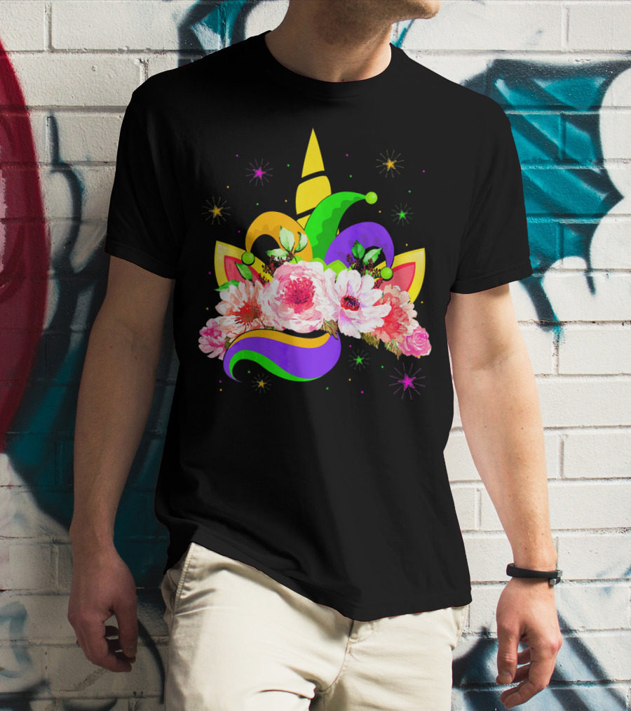 Mardi Gras Unicorn Costume With Mask Bea Floral Headpiece And Colorful Jester Hat T-Shirt
