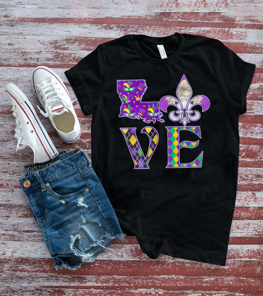 LOVE Louisiana Mardi Gras Llama Fleur-de-Lis T-Shirt