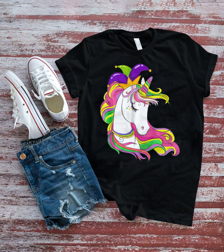 Jester Rainbow Unicorn Mardi Gras Costume With Colorful Mane And Hat T-Shirt