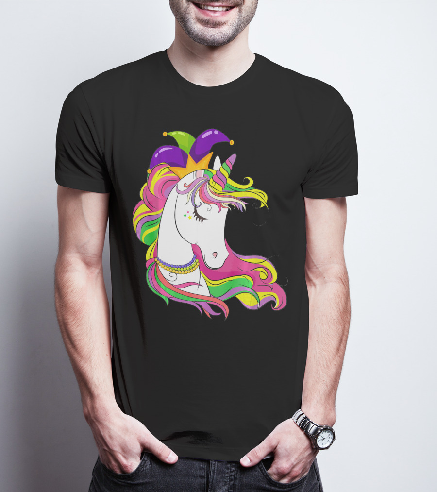 Jester Rainbow Unicorn Mardi Gras Costume With Colorful Mane And Hat T-Shirt