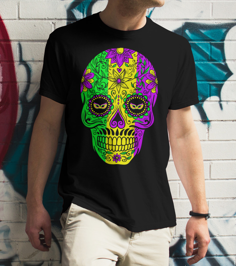 Mardi Gras Sugar Skull With Jester Hat Design And Colorful Floral T-Shirt