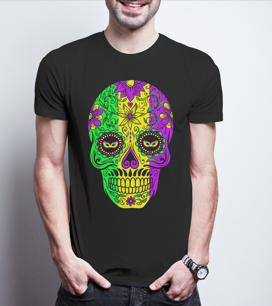Mardi Gras Sugar Skull With Jester Hat Design And Colorful Floral T-Shirt
