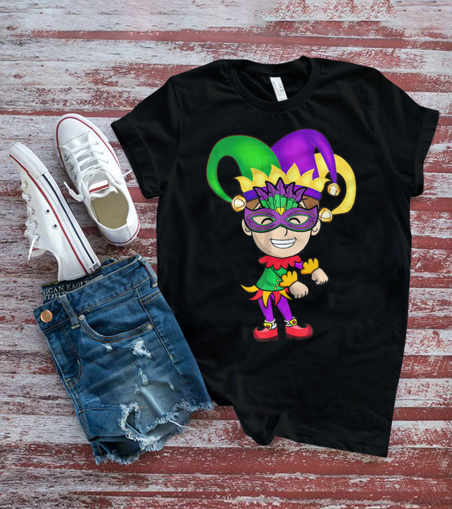 Mardi Gras Jester Kid Flossing Dance Colorful Mask And Costume T-Shirt