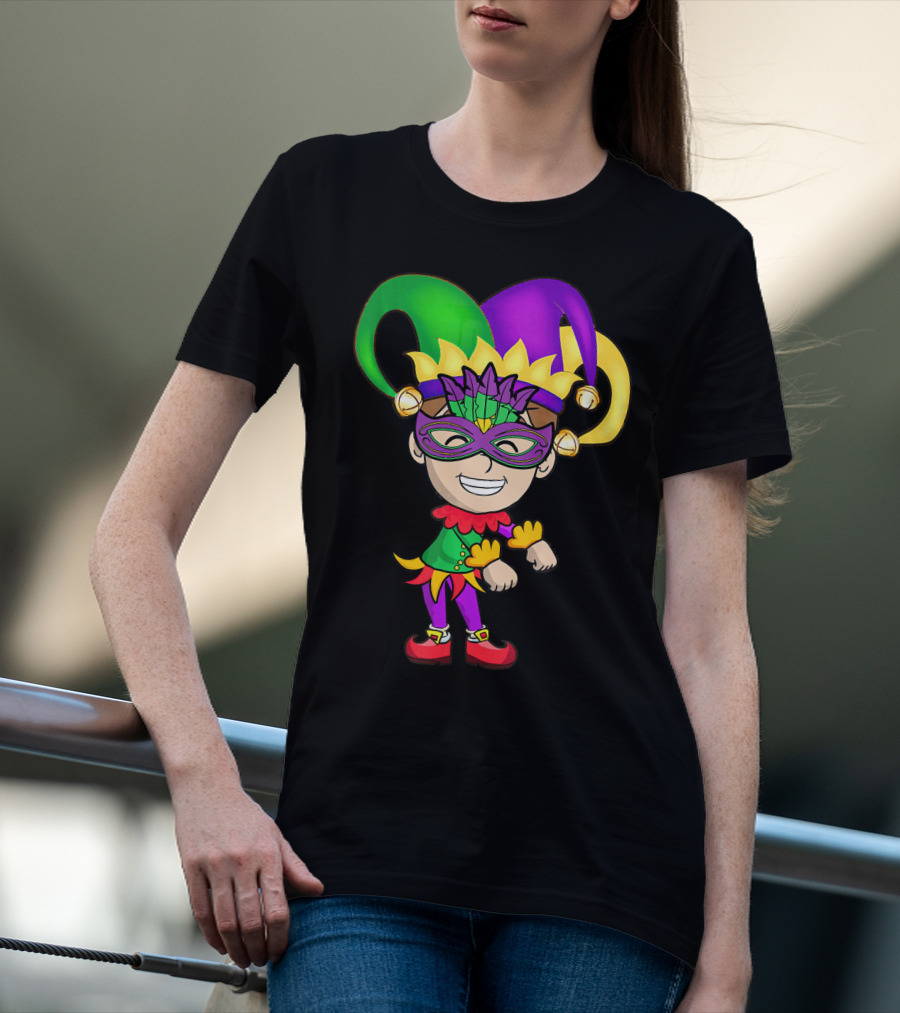 Mardi Gras Jester Kid Flossing Dance Colorful Mask And Costume T-Shirt