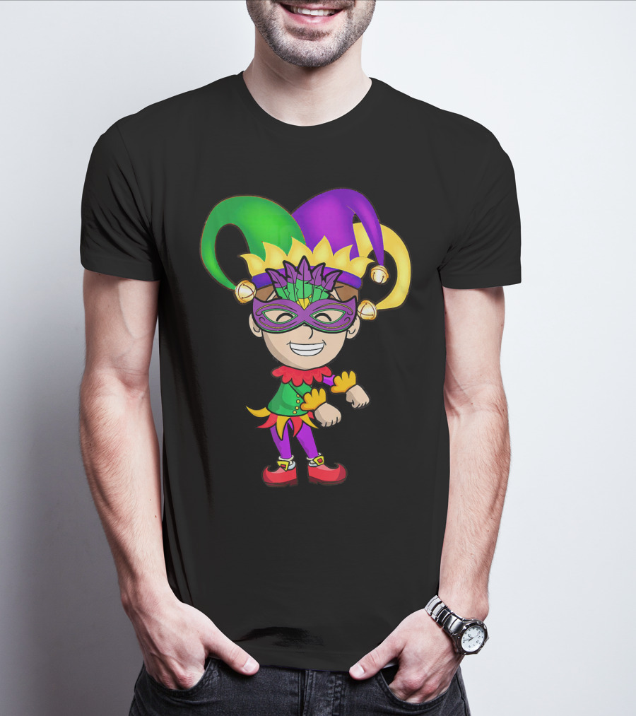 Mardi Gras Jester Kid Flossing Dance Colorful Mask And Costume T-Shirt