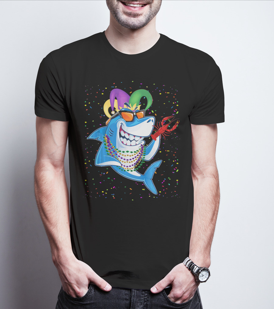 Funny Shark Mardi Gras Jester Beads Crawfish T-Shirt