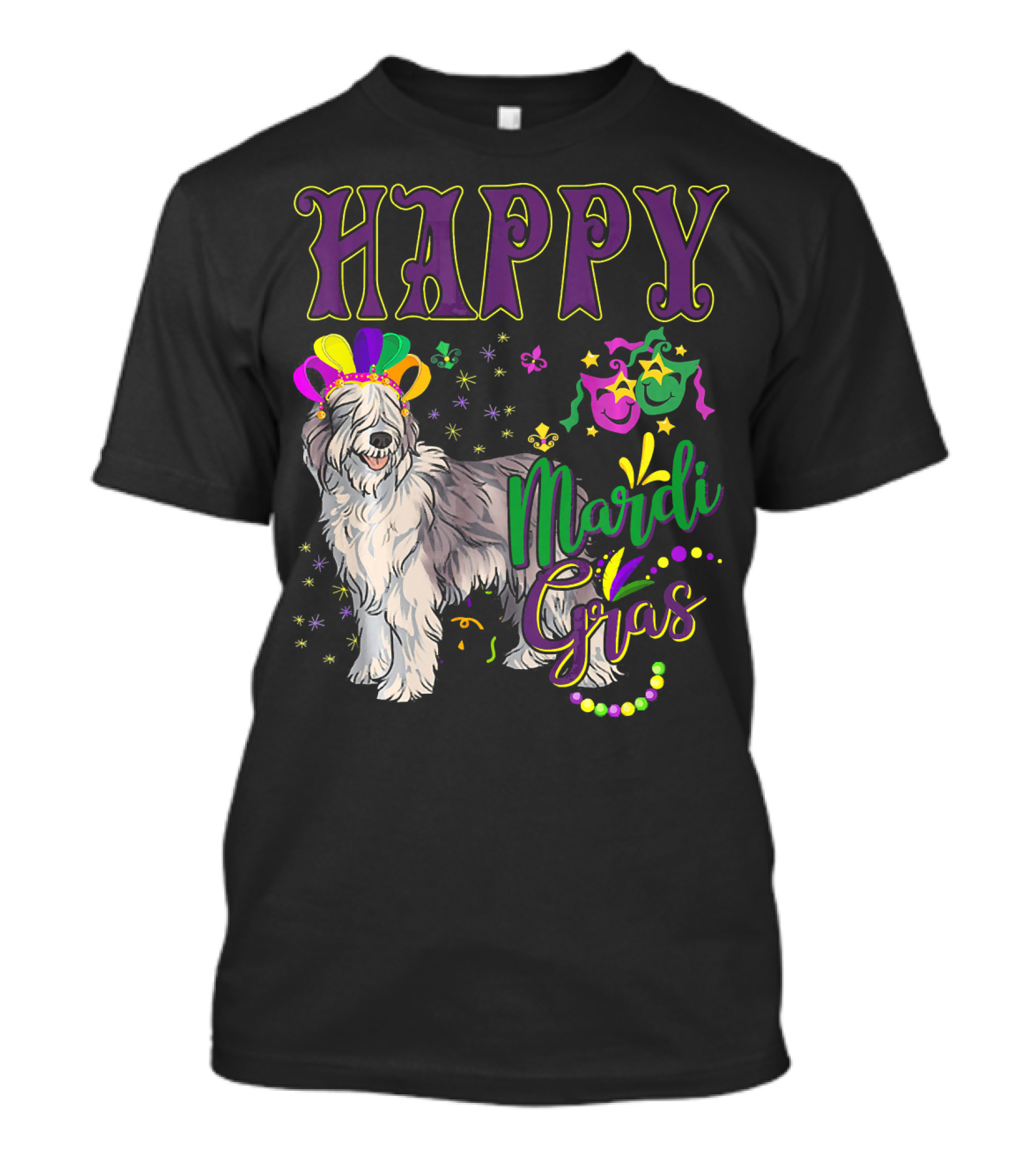 HAPPY Mardi Gras Olde English Sheepdog Mask Beads T-Shirt