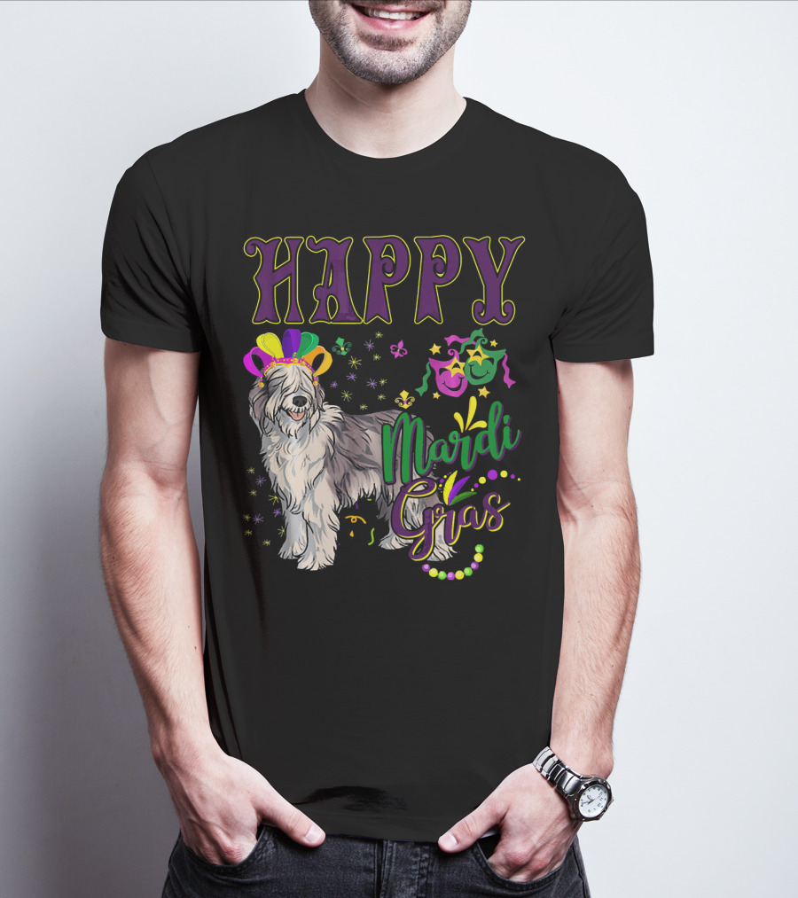 HAPPY Mardi Gras Olde English Sheepdog Mask Beads T-Shirt