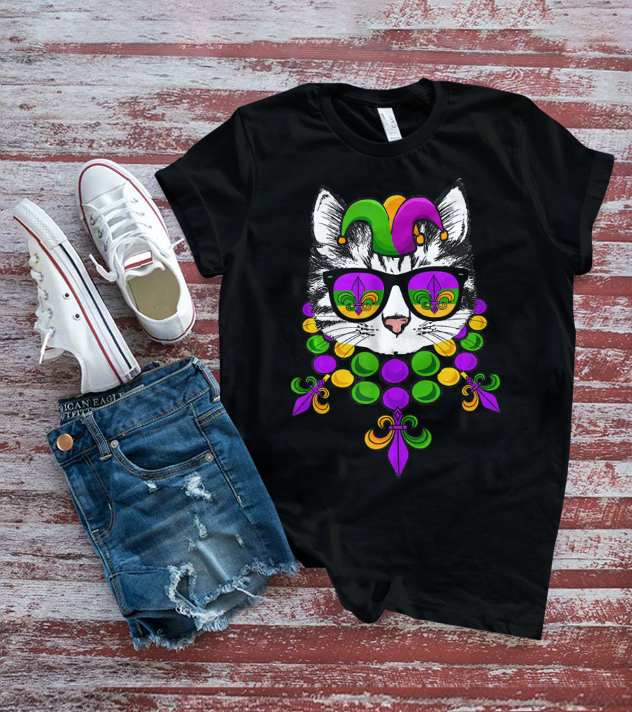 Mardi Gras Cat Meow Kitten New Orleans Jester Hat Fleur-de-Lis Beads T-Shirt